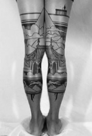 腿部后面的两只腿成对黑色风景纹身图案